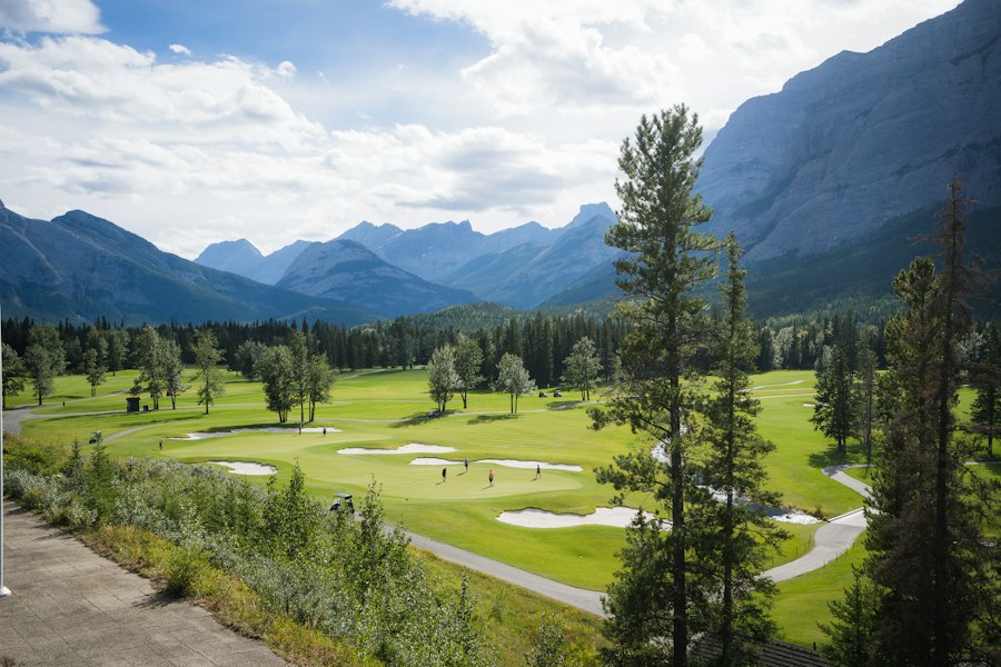 Green golf course among pine trees and mountains