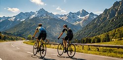 Two cyclists on a mountain road