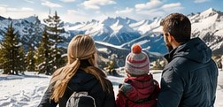 Family with a child in front of snow-capped mountains
